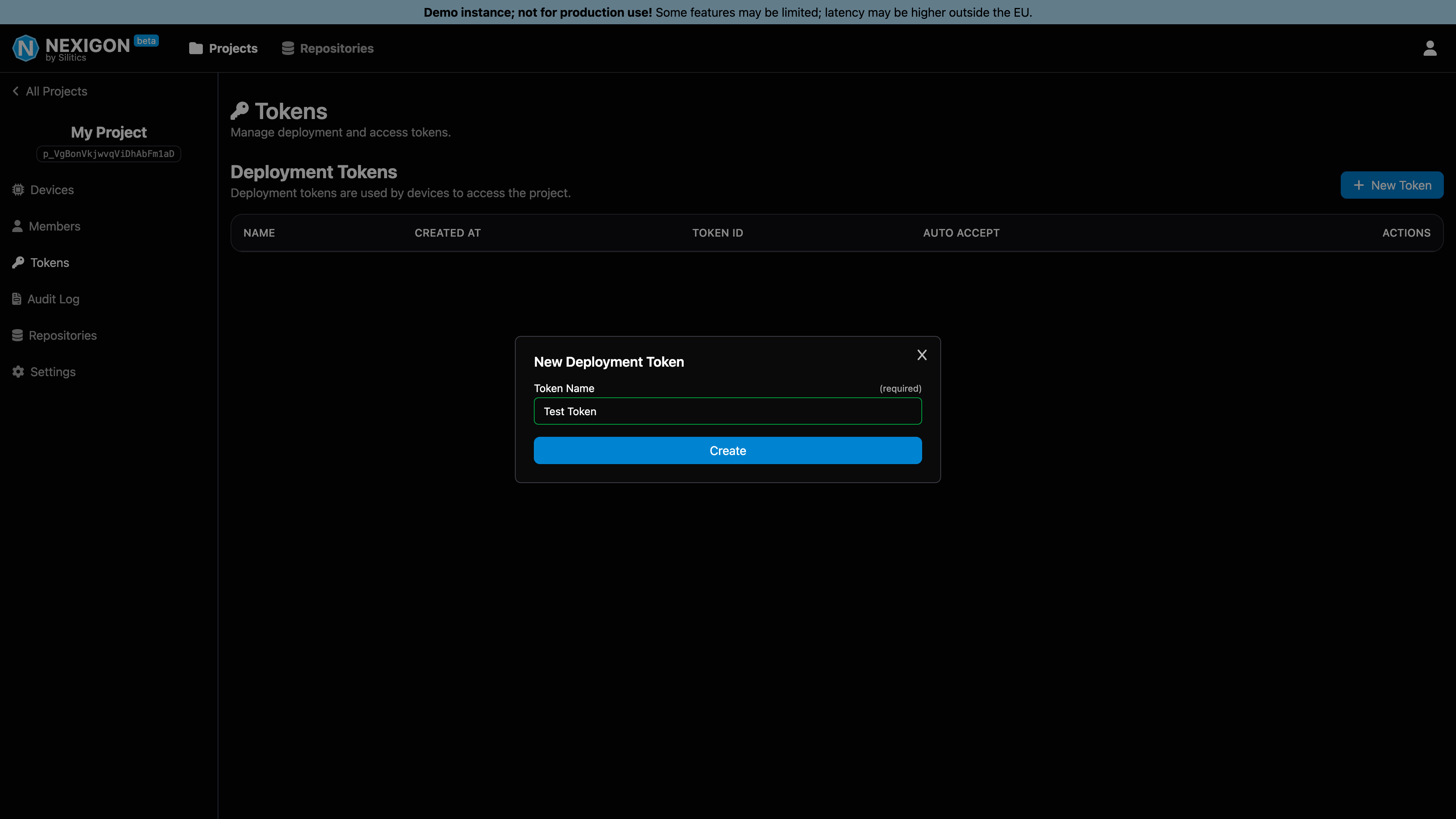 Screenshot of Deployment Token Creation 1