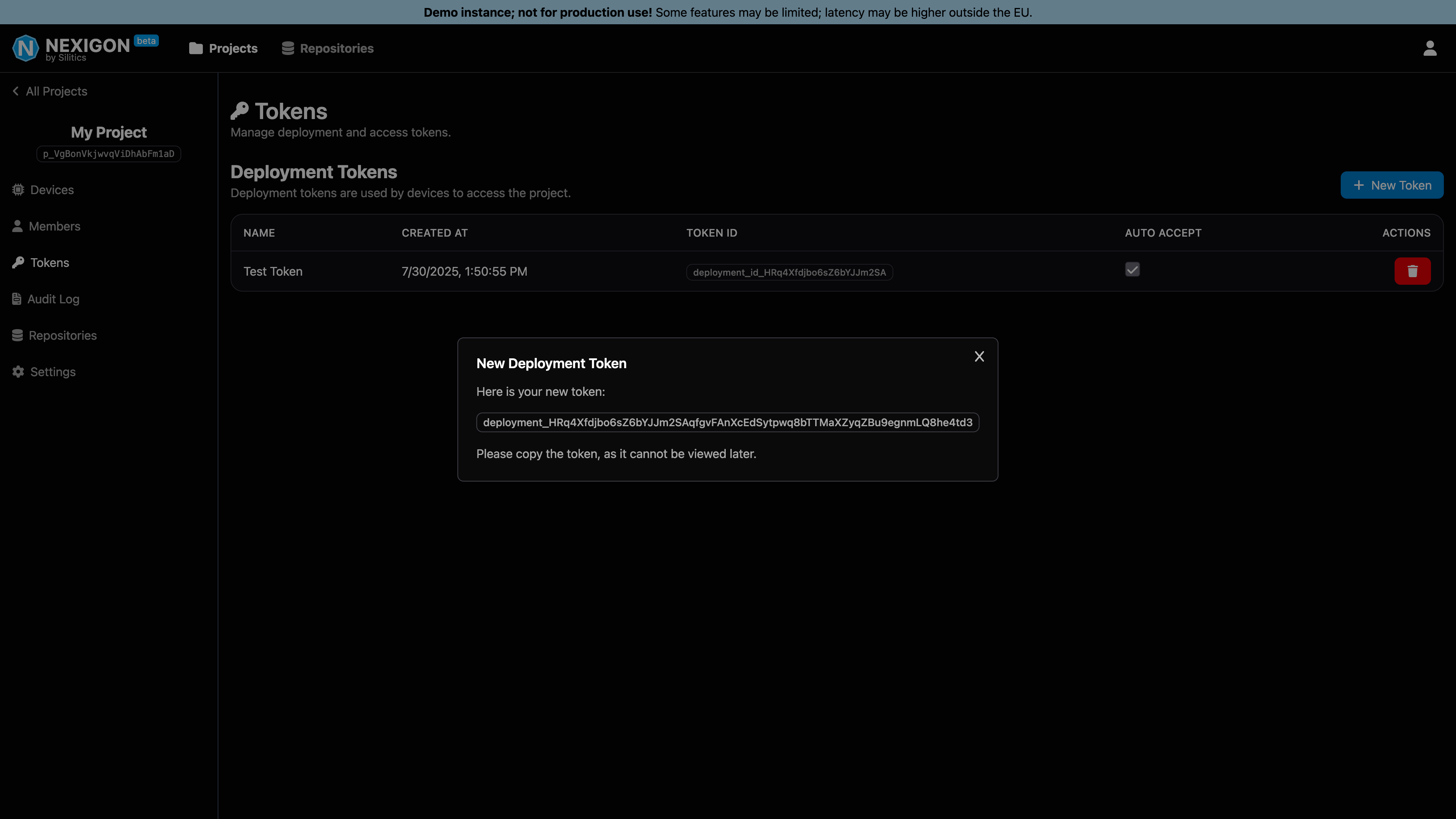 Screenshot of Deployment Token Creation 1
