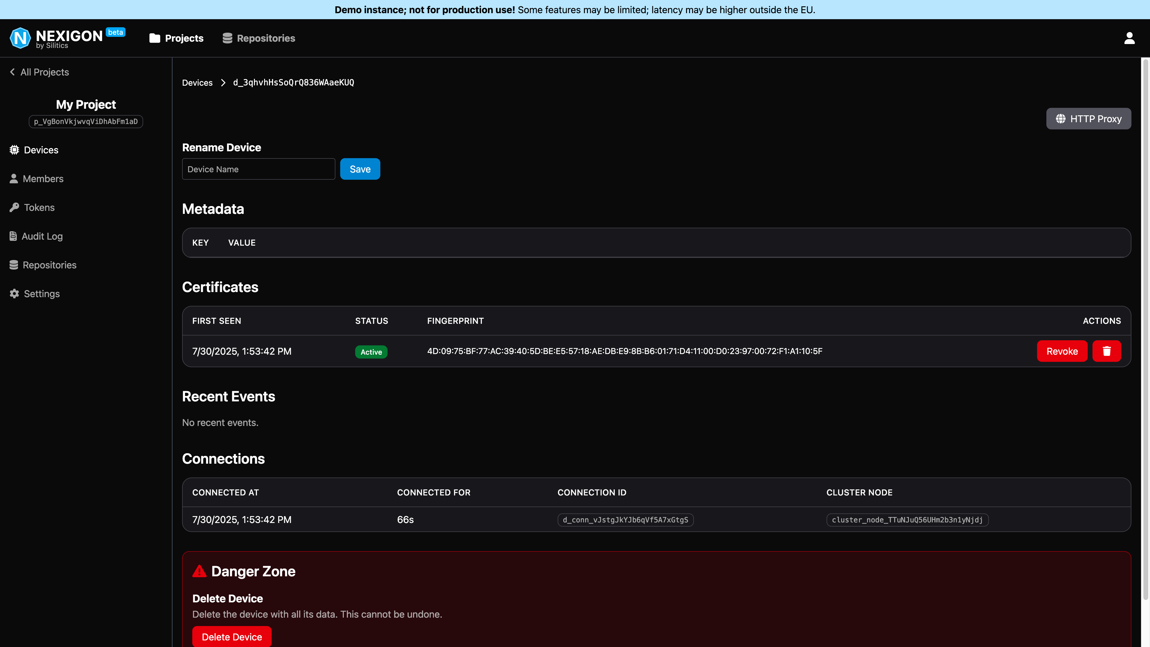 Screenshot of Device Page