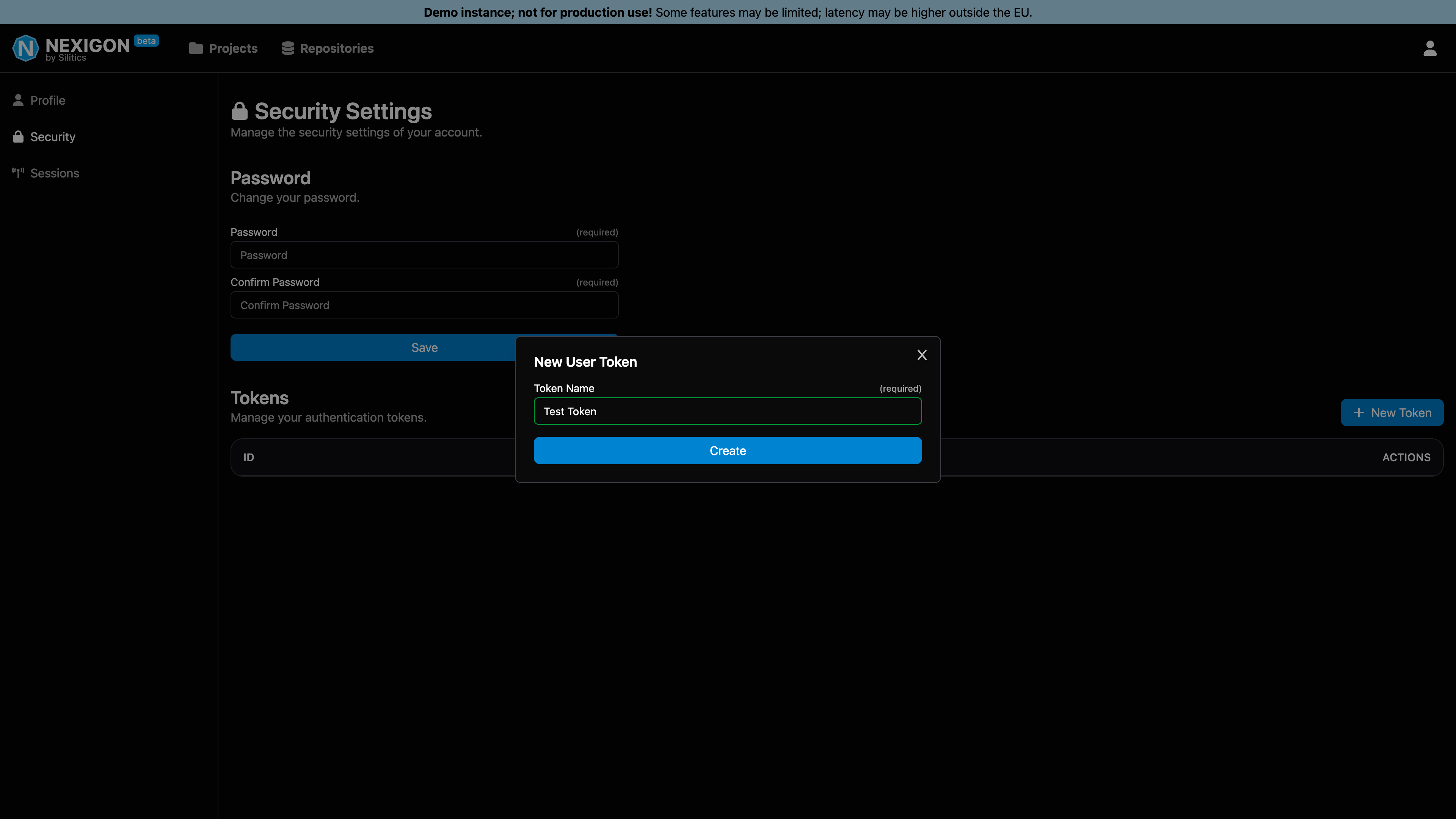 Screenshot of User Token Creation 1